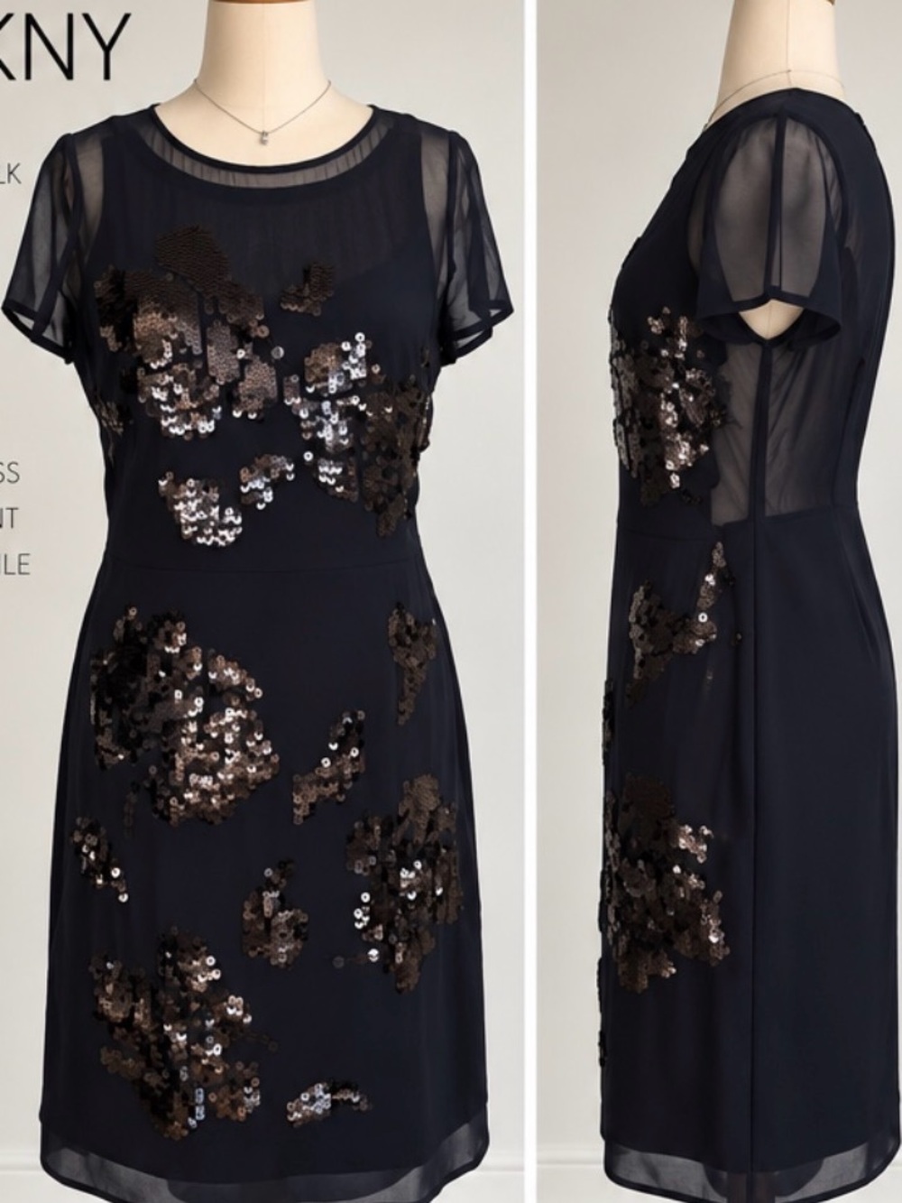 DKNY Size 12 100% Silk Dress dark blue sequince